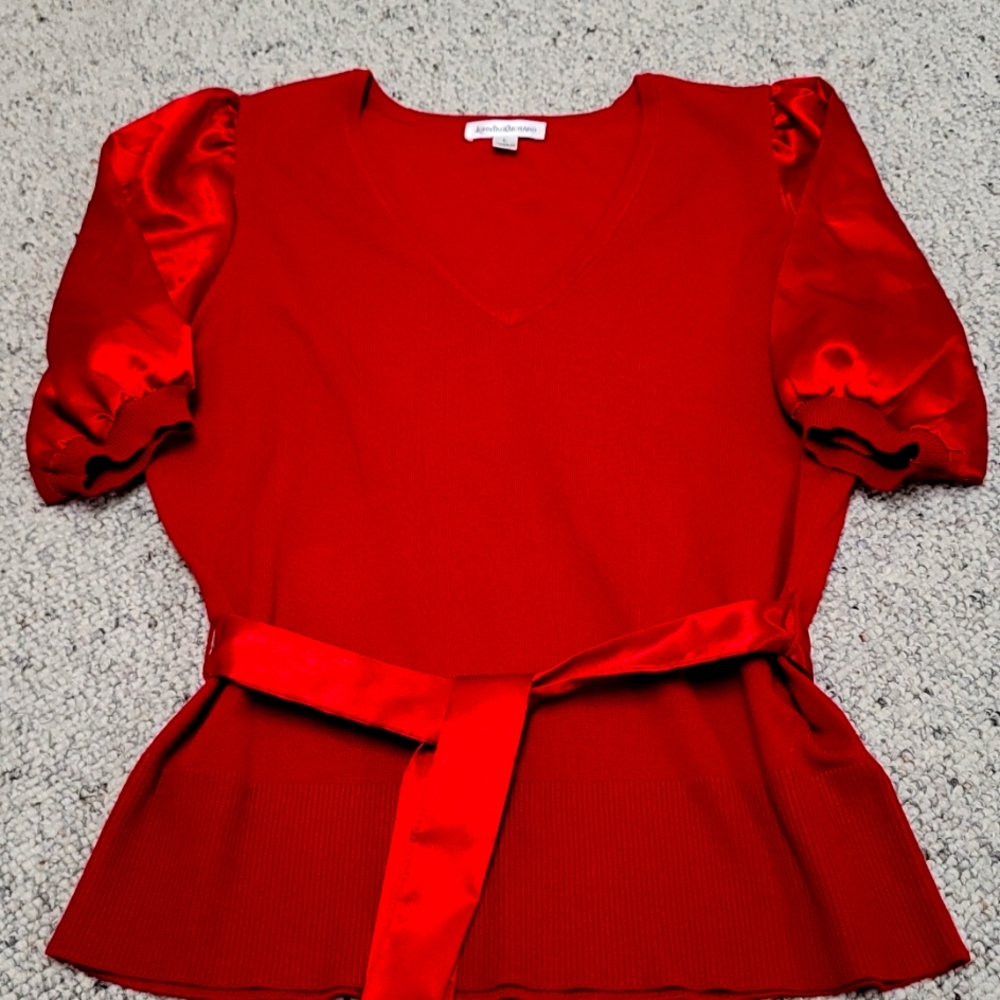 Ladies stunning bright red top with puff sleeves and matching tie.